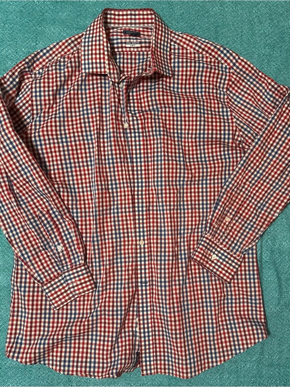 Crown & Ivy Men’s XL Red Blue Plaid Gingham Stretch Wrinkle-Free Dress Shirt